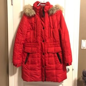 Cozy Esprit parka w/ removable faux fur hood, red